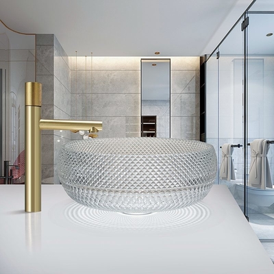 Krystalicznie czyste szklane umywalki o grubości 12 mm do okrągłego kształtu biurowego Art Deco