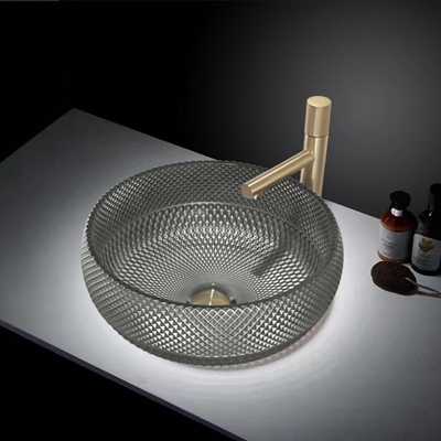 12mm Thickness Crystal Glass Vessel Basins In Dark Gray Color For Office Art Deco Round Shape